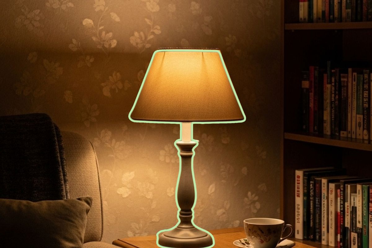 Amber lit lamp on end table in the evening