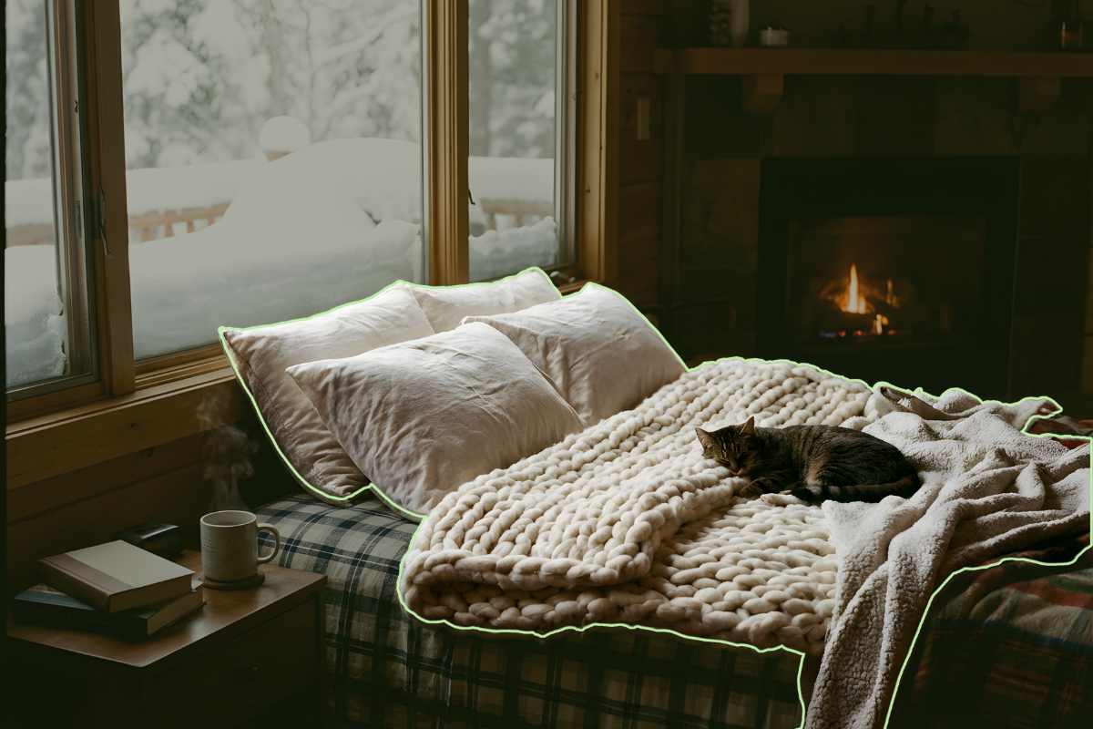 Cozy cabin bedroom with bed, fireplace, crochet throw blanket, and cat laying on bed